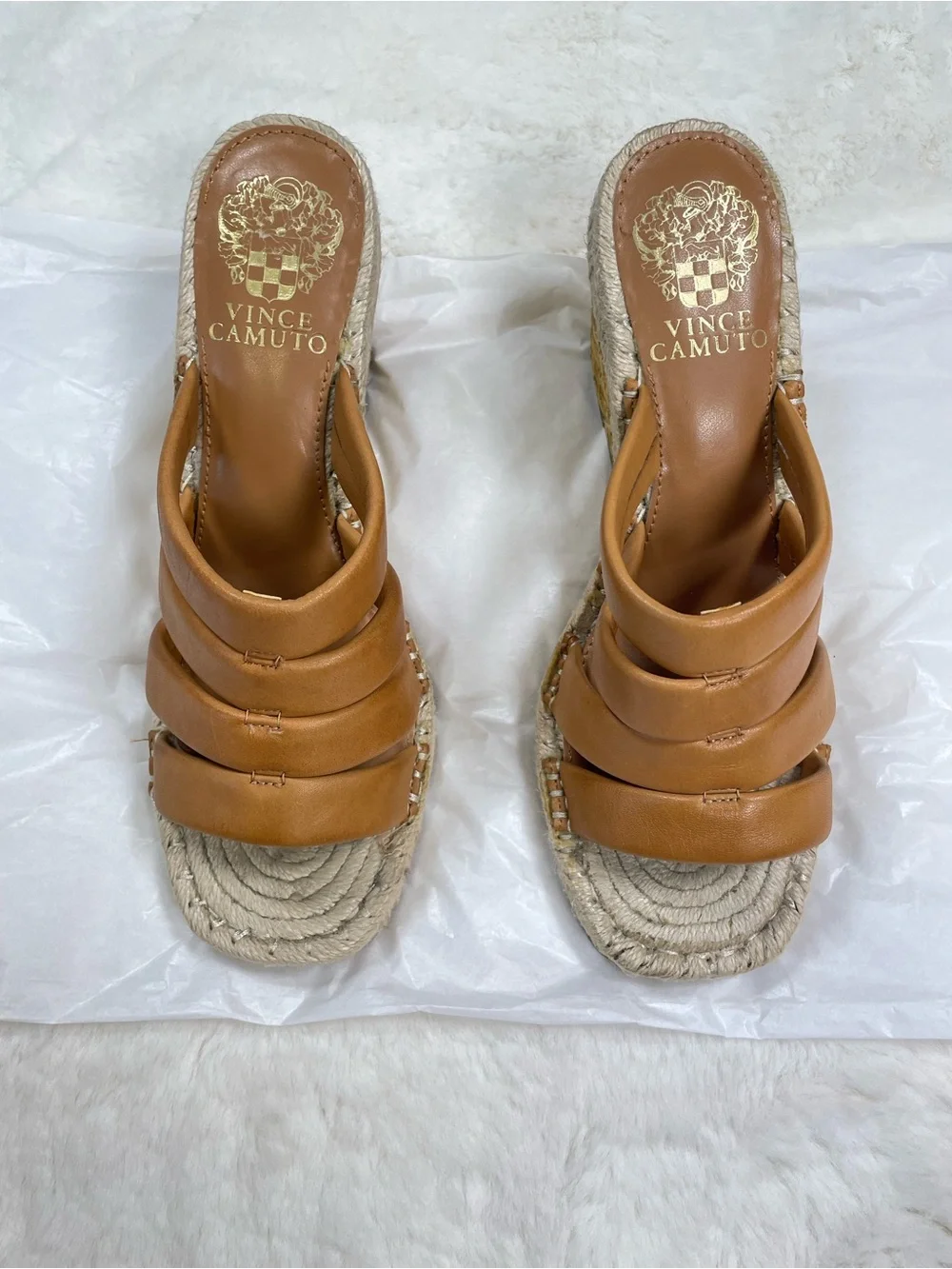 NWOB Vince Camuto Cognac Leather Multi-Strap Espadrille Wedge Size 7